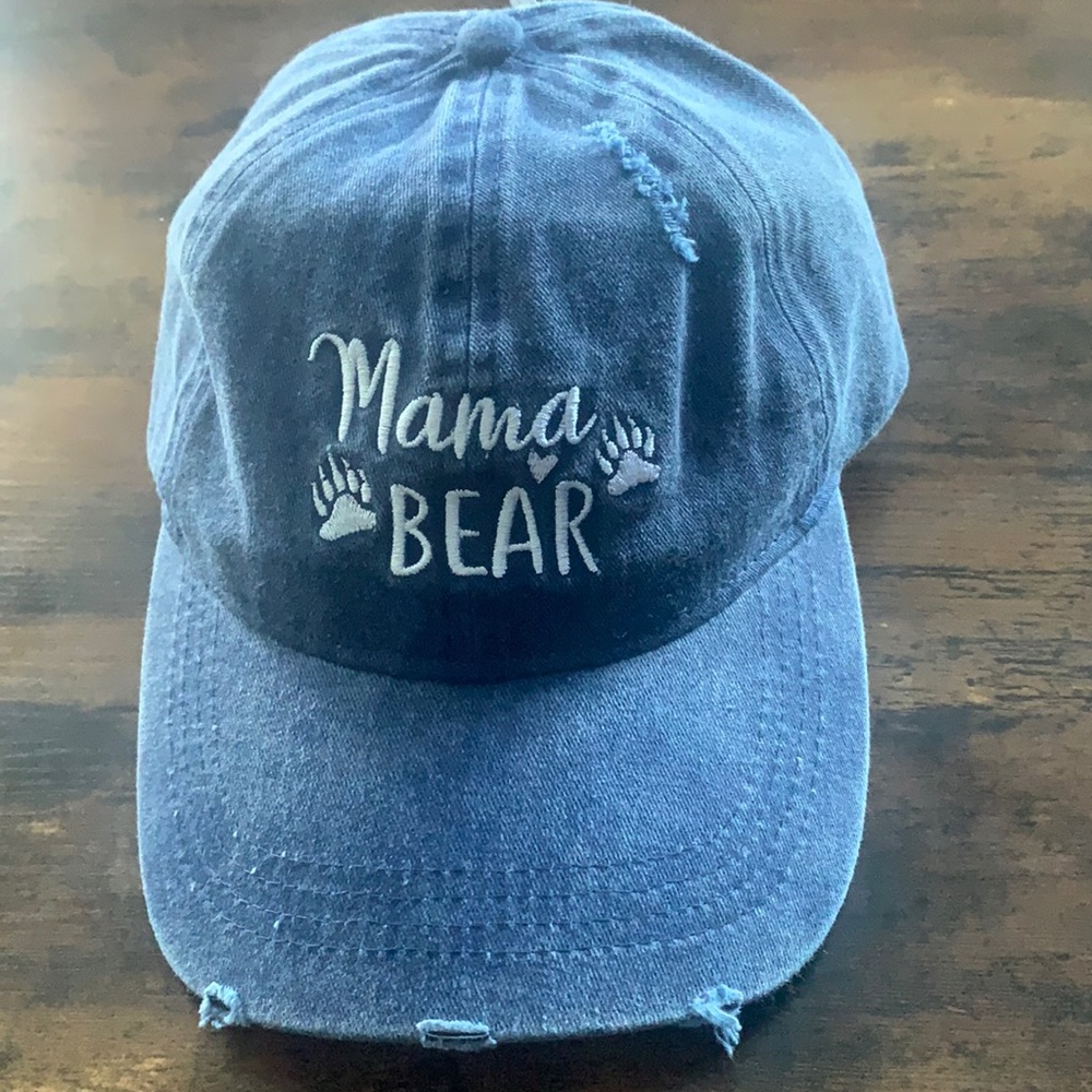 NWT Sonoma Mama Bear denim blue distressed baseball cap. Adjustable.